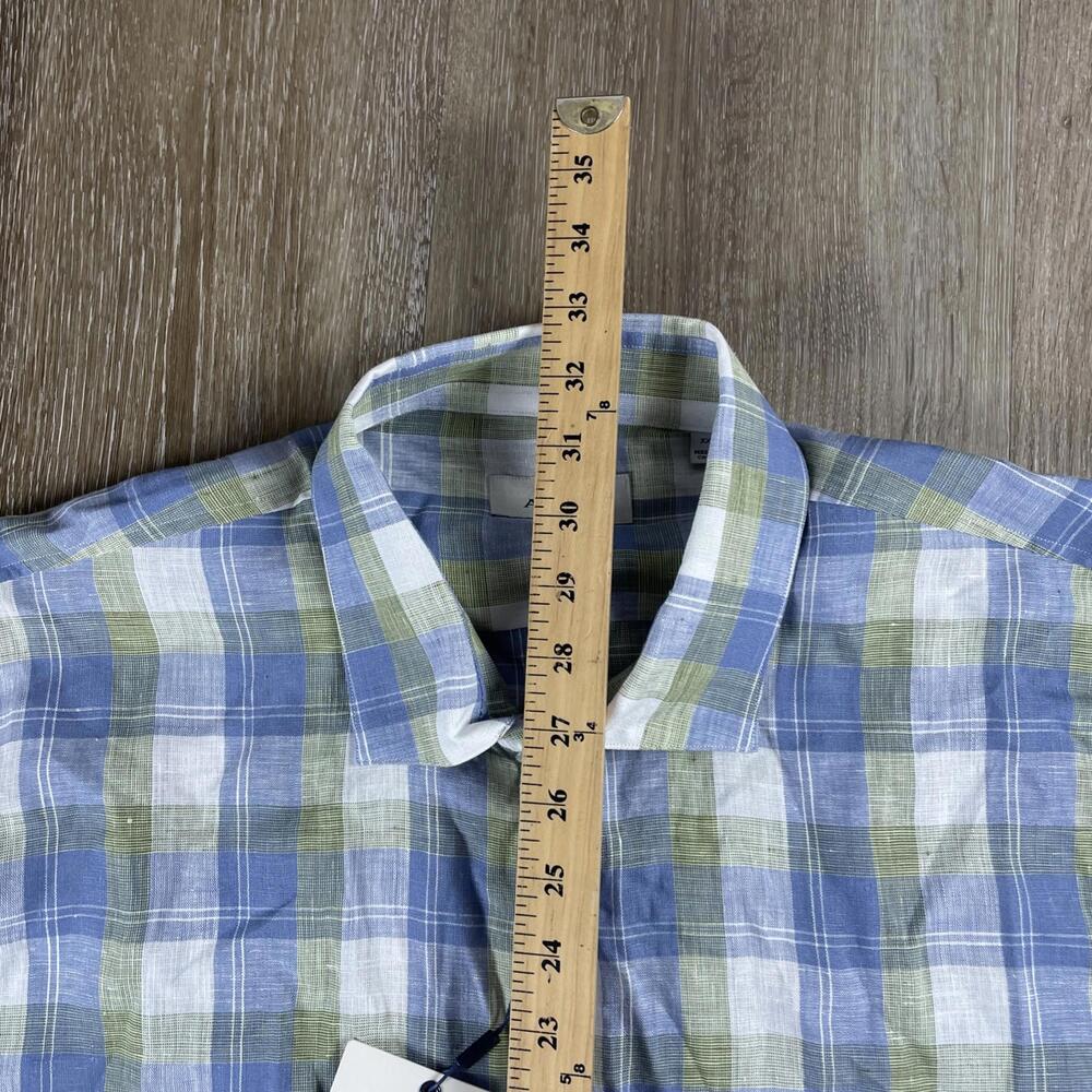 Toscano Aqua Men's Linen Gingham Plaid Button Up Shirt Blue Green Men's 2XL - Picture 7 of 10